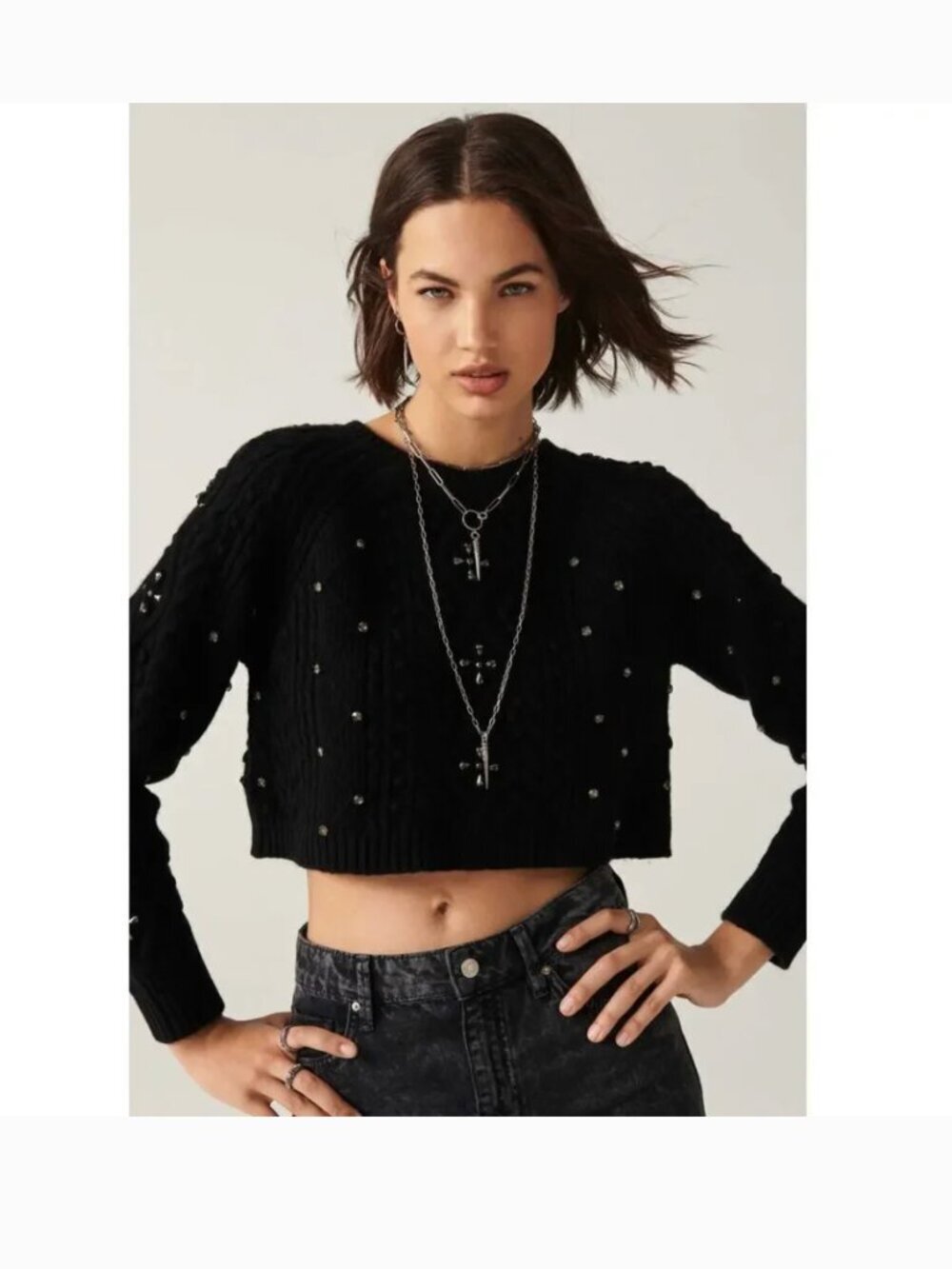 Ba&sh Otella Crystal Embellished Mixed Stitch Crop Wool Sweater XS